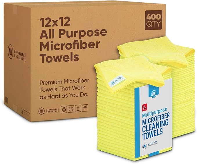 Microfiber Wholesale Bulk 12” X 12” All Purpose Towels Case Quantity (400 Count) | No Fraying | High Density Microfiber | Zero Chemical Cleaner | Long-Lasting (Yellow)