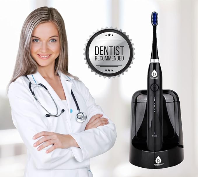 Pursonic S750 Sonic Toothbrush (Black) — Smart Series Electronic Power Rechargeable Battery Toothbrush for Adults — 12 Bonus Brush Heads