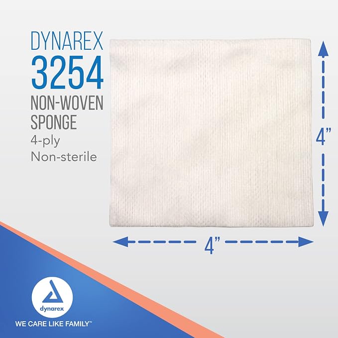 Dynarex Non-Woven Sponges, Non-Sterile, Gauze Sponges, Highly-Absorbent and with Less Linting, 4"x 4", 4 Ply, 1 Case of 2000 (10 Boxes of 200) [Packaging May Vary]