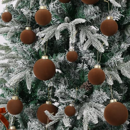 Brown Velvet Christmas Ball Ornaments-46pcs Flocked Xmas Tree Decorations