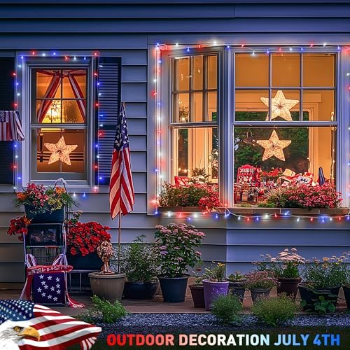 JMEXSUSS 600 LED Red White and Blue Lights Outdoor,4th of July Decor Lights