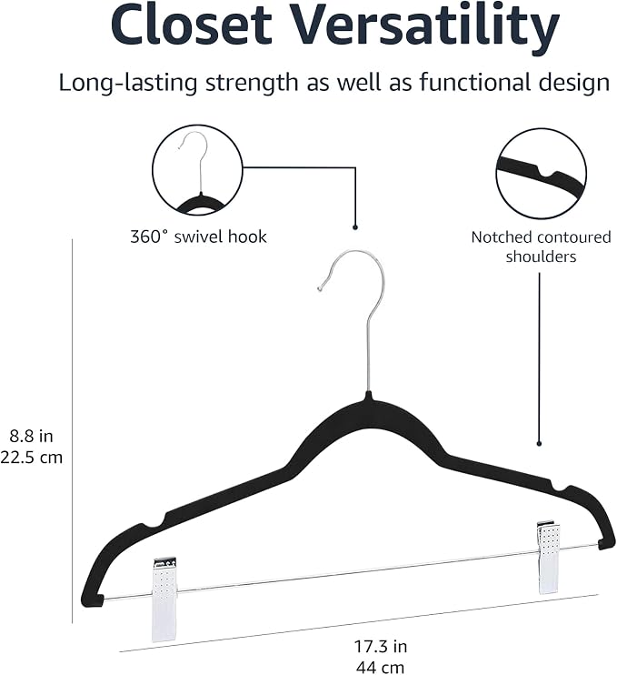 Amazon Basics Velvet Non-Slip Skirt Clothes Hangers with Clips, 360 Degree Rotatable Hook, Sturdy Construction, Organize Pants and Skirts, Black/Silver, 50-Pack