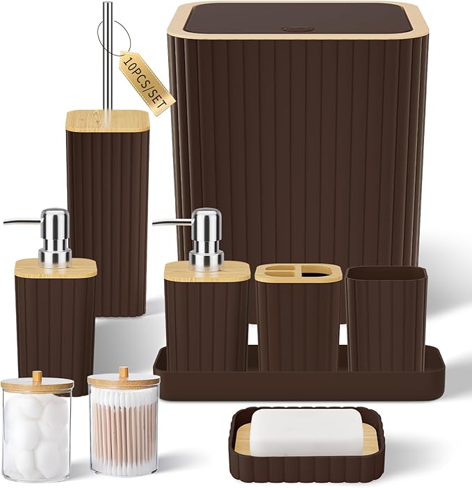 XLHOMO Bathroom Set - Elegant Brown Bathroom Set, 10PC Brown Bathroom Accessories Set, Bathroom Sets with Toilet Brush, Bathroom Trash Can