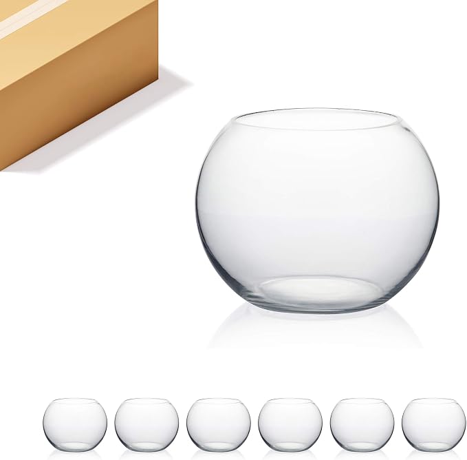 WGV Bowl Glass Vase Bulk, Diameter 8", Height 6", Open Width 5", (Multiple Sizes Choices) Clear Bubble Planter Terrarium Fish Bowl for Wedding Event Home Decor, 6 Pieces (VBW0008A)