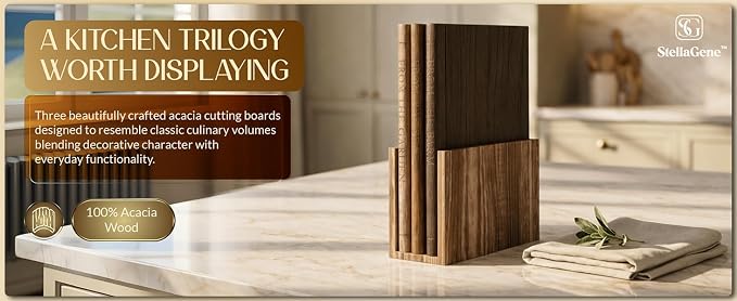 Stella Gene - The Cutting Board Kitchen Trilogy, Decorative 100% Acacia Cutting Board Set, Book-Inspired Wooden Cutting Boards with Stand, 3-Piece Cutting Board Library Style Set, Meat & Cheese Board