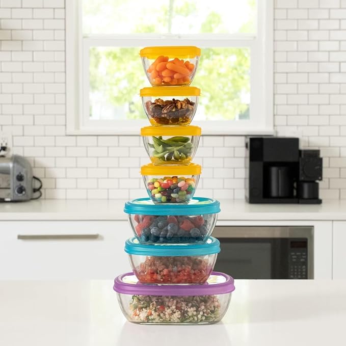 Libbey Serve It Glass Storage Bowls Set of 14 Stackable 2,6,8 Cup Food Storage Containers with Sung Fit Lids, Glass Bowls Set for Snacks, Leftover or Meal Prep