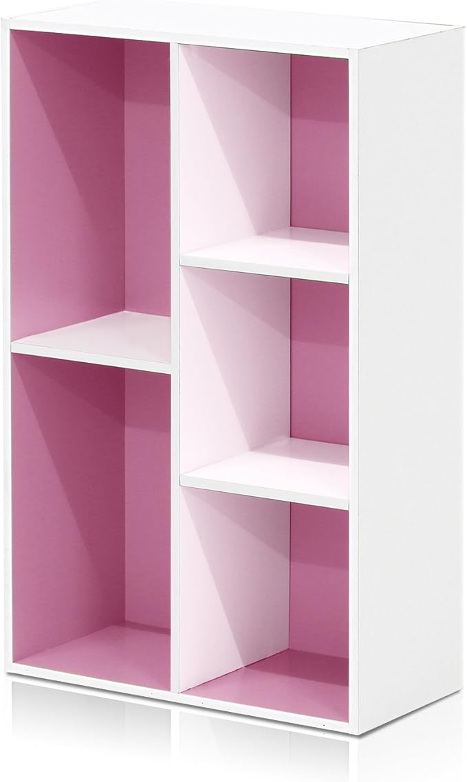 Furinno LUDER Book Shelf, 5-Cube Bookshelf, Reversible Bookcase, 9.4 x 19.5 x 31.5, Easy Assembly, for Living Room, Bedroom, Home Office, White/Pink