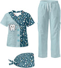 Gomyblomy Women's Scrubs Suit 3-Piece Set | Teeth Print V-Neck Top & Pants & Cap, Breathable and Stretch Fabric, S-5XL
