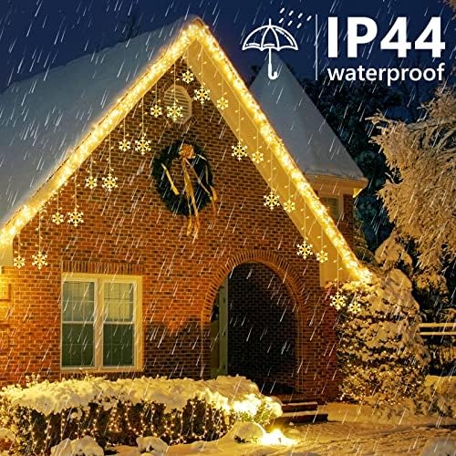 Christmas Snowflake Lights, 10.66ft 168 LED Icicle Lights Outdoor with 14 Drops, 8 Modes Waterproof Connectable Christmas Light for Eaves, Wedding, Garden, Yard, Indoor Outdoor Xmas Decor (Warm White)