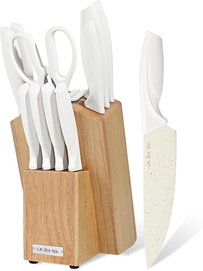 13 Piece Knife Set，Kitchen Knife Block Set，White stainless steel knife set with sharpener for Chopping, Slicing, Dicing & Cutting，Dishwasher safe
