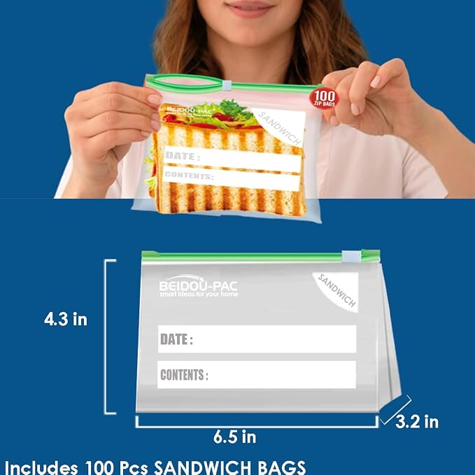 BEIDOU-PAC Slider Sandwich Food Storage Freezer Bags with Stand-Up Bottom, 600 Count | 2 Mil | 6.5 IN x 4.3 IN x 1.6 IN, Freshness Easy Open Reclosable Clear Plastic Bags (Slider-sandwich-600count)