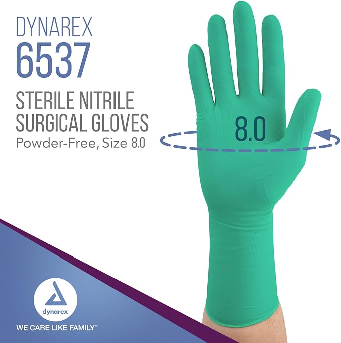 Dynarex Sterile Nitrile Surgical Gloves, Powder Free, Size 8, 50 Pairs of Gloves, White, 8.0
