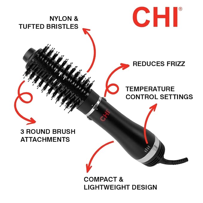 CHI 3-in-1 Round Blowout Brush, Hair Dryer Brush for Smooth, Frizz-Free Hair, 3 Interchangeable Brush Heads & Adjustable Heat Settings