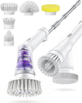 5-Head Electric Spin Scrubber, Shower Brush, Extension Handle | cordless power scrubber, adjustable reach, two speed control, IPX7 waterproof, bathroom floor, tile grout, tub edges, shower