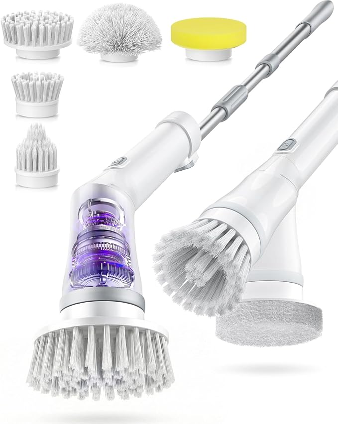 5-Head Electric Spin Scrubber, Shower Brush, Extension Handle | cordless power scrubber, adjustable reach, two speed control, IPX7 waterproof, bathroom floor, tile grout, tub edges, shower