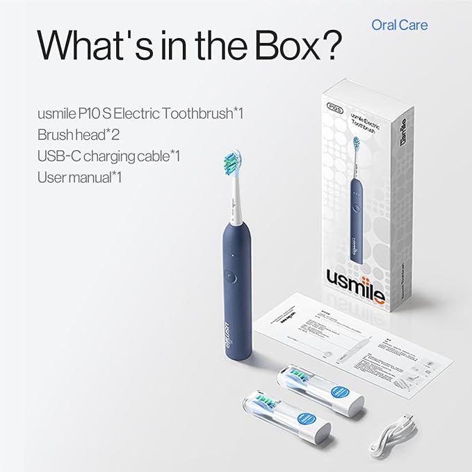 usmile P10S Sonic Electric Toothbrush – 3 Modes Deep Clean & Whitening, 180-Day Battery Life, Cushioned Gum-Care Brush Head for Sensitive Teeth, Smart Timer, 2 Brush Heads (Blue)