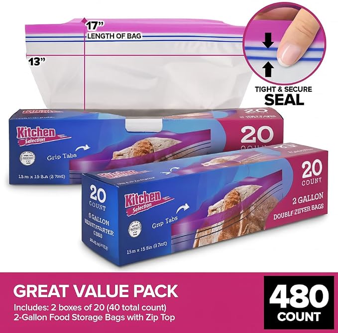 480 Count 2 Gallon Freezer Bags Double Zipper Resealable Plastic Storage Bags for Food Bulk Pack with Dispensing Box