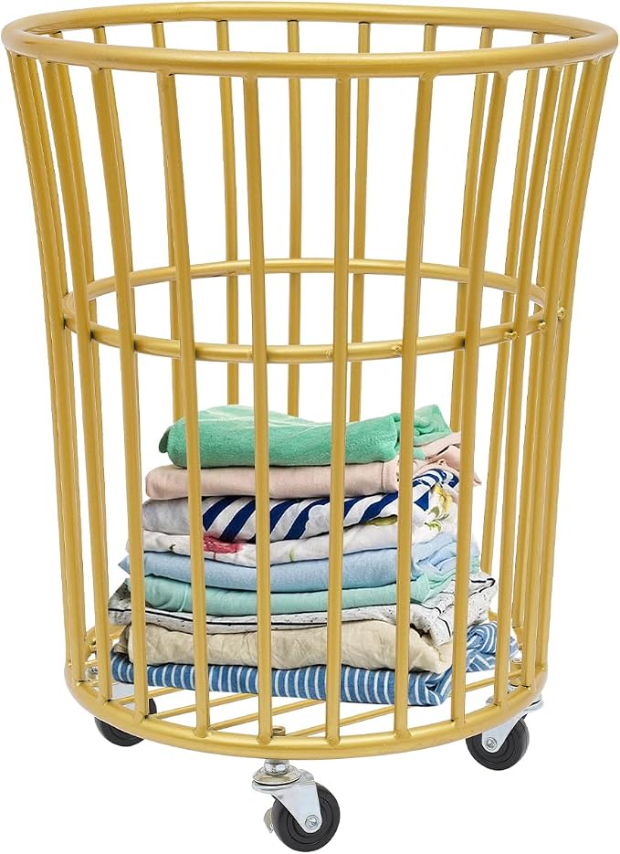 Rolling Laundry Basket with Wheels, Round Barrel Metal Mesh Laundry Hamper Dirty Clothes Basket, Versatile Portable Large Opening Storage Basket for Home, 14.2"×15.7" (Gold-Round Barrel)