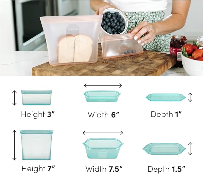 Zip Top Reusable Food Storage Bags | 2 Bag Set [Frost] | Silicone Meal Prep Container | Microwave, Dishwasher and Freezer Safe | Made in the USA