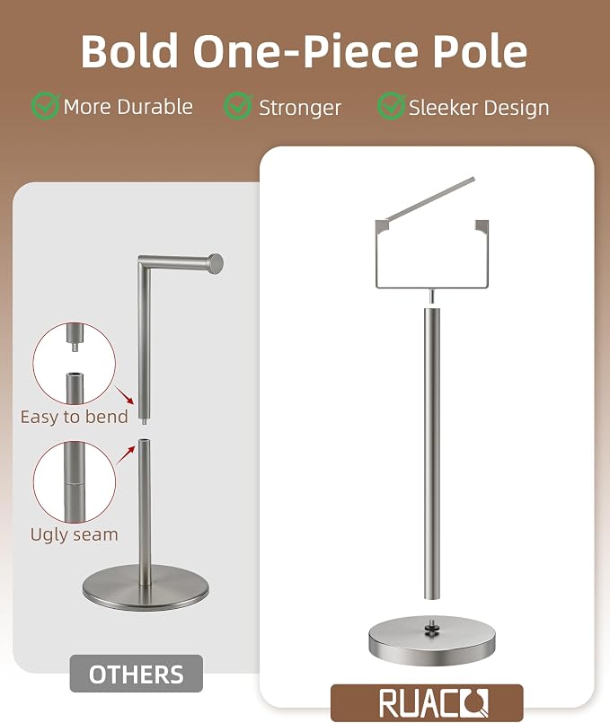 RUACQ Toilet Paper Holder Stand, Magnetic Closure Toilet Paper Stand with Lift-Up Rotating Arm, SUS304 Stainless Steel Bathroom Toilet Paper Holder Free Standing, Weighted Base (Brushed Nickel)
