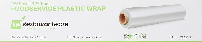 Restaurantware RW Base 18 Inch x 2000 Feet Cling Wrap 1 Roll Microwavable Cling Film - With Removable Slide-Cutter Clear Plastic Food Wrapping Film Securely Seal And Keep Food Fresh