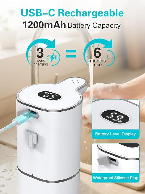 Bomivoi 2 Pack Automatic Liquid Soap Dispenser, Rechargeable Touchless Soap Dispenser, Digital Display, 6-Level Adjustable, 380mL Wall Mount Countertop Hand Soap Dispenser for Bathroom Kitchen Sink