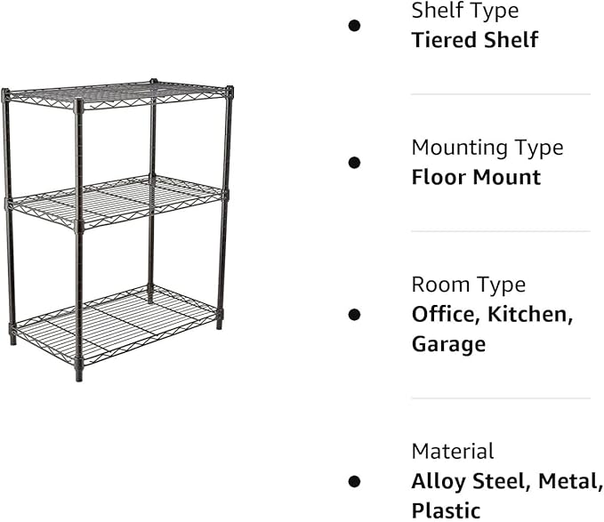 Amazon Basics 3-Shelf Adjustable Heavy Duty Steel Wire Rack Storage Shelving Organizer with Storage Space, Versatility and Ease of Use for Kitchen, Garage, 23.2" L x 13.4" W x 30" H, Black