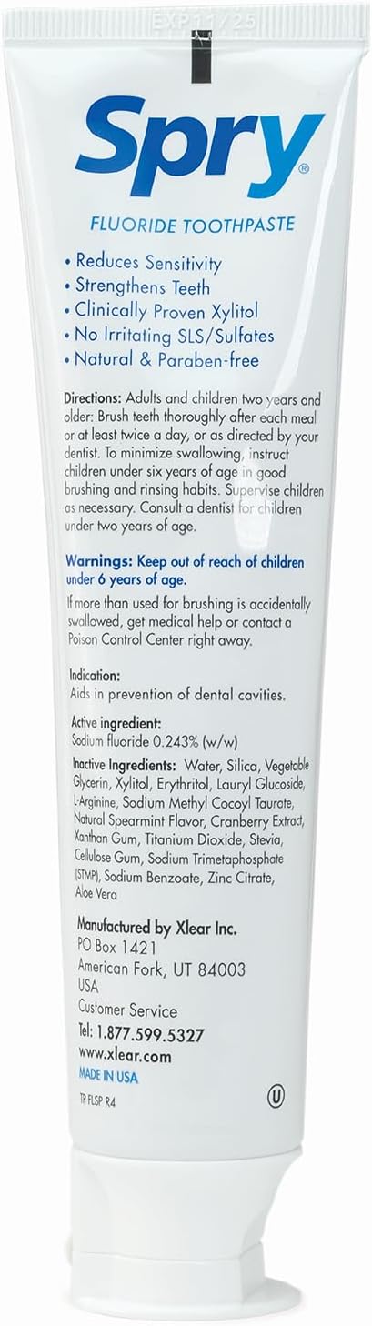 Spry Natural Xylitol Toothpaste with Fluoride, 5oz Spearmint (Pack of 6) | Gentle for Sensitive Teeth Whitening and Remineralizing, Bad Breath Freshening, Dry Mouth Moisturizing, for Adults and Kids