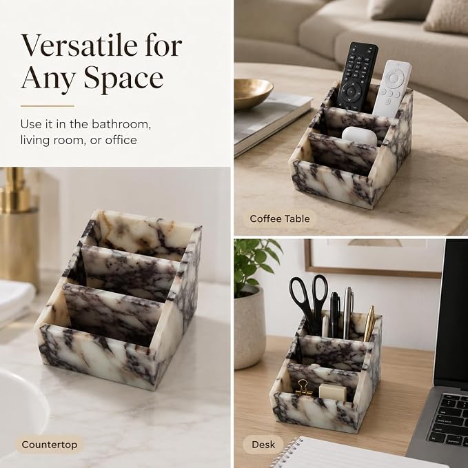 Luxury 3-Compartment Natural Marble Desk Organizer - Solid Stone Pen Holder, Makeup Brush Holder & Vanity Countertop Storage Box for Office Supplies, Bathroom Essentials, Home Decor
