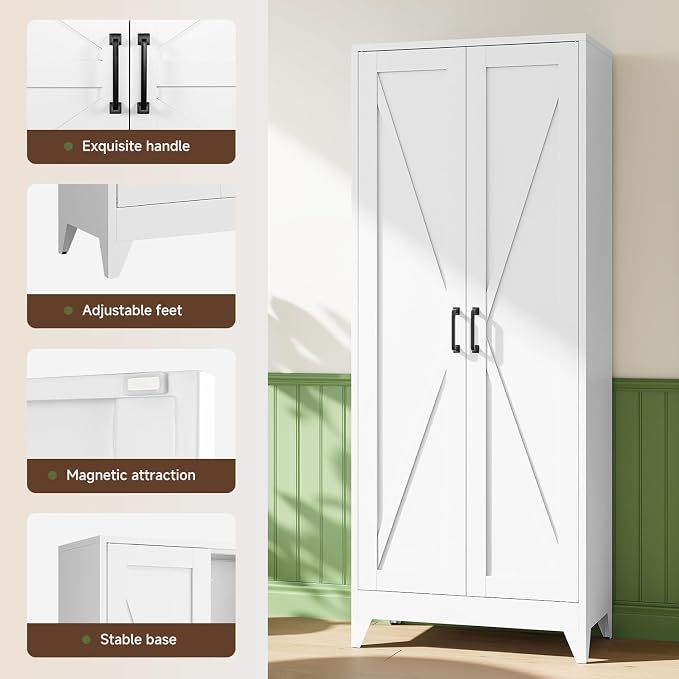 75" H Metal Storage Cabinet with 2 Doors and 4 Shelves,Tall Kitchen Pantry Cabinets,Farmhouse Utility Pantry Organizers for Cupboard/Dining/Bathroom/Home Office/Garage,White