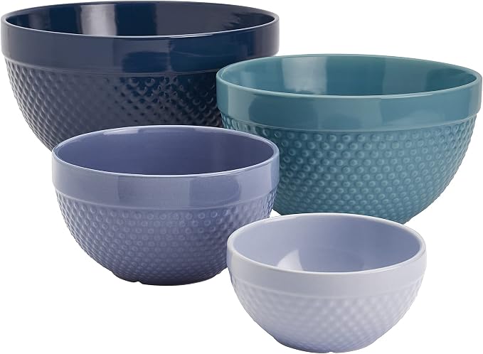 Tabletops Gallery Hobnail Style 4 Piece Blue Storm Stoneware Nesting Mixing Bowl Set for Baking and Cooking