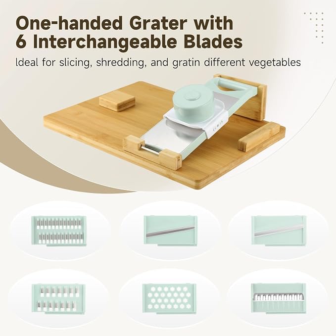 One-Handed Wooden Cutting Board with Grater and Peeler, 6 Interchangeable Grater Blades, 16.5 x 12.6 in, Adaptive Design for Safe Food Preparation, Single-Handed Operation for Seniors Disabled Cooking