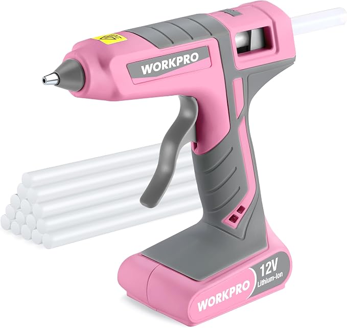 WORKPRO Full Size Cordless Hot Melt Glue Gun - 12V Rechargeable Fast Preheating Glue Gun Kit with 15pcs Full Size Glue Sticks, Auto Power-off Glue Gun for DIY Project, Art, Craft - Pink Ribbon