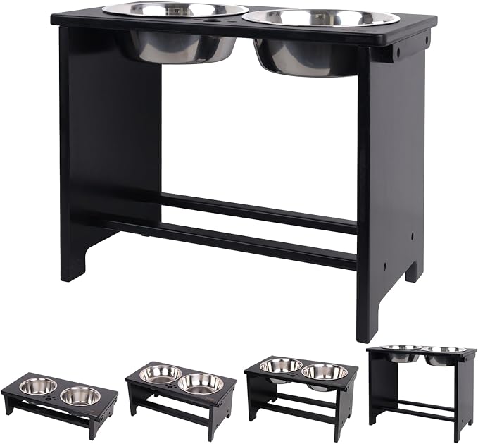 HTB Elevated Dog Bowl Stand with 2 Stainless Steel Bowls-14 H X-Large Black | Raised Dog Bowl Stand, 14"tall, 48 Oz Bowls, for Large Sized Dogs, Pet-safe, Solid Bamboo