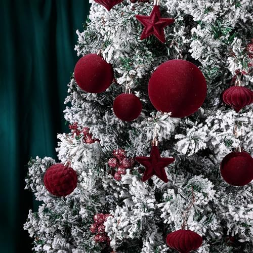 Hollowfly 95 PCS Velvet Christmas Tree Decor Set, Burgundy