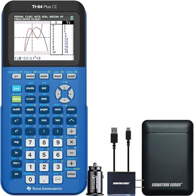 Texas Instruments TI-84 Plus CE Graphing Calculator, Bionic Blue | Color Screen, Built-in Apps, Included Software, Test-Permitted, for Math, Science and Finance | Signature Series Bundle