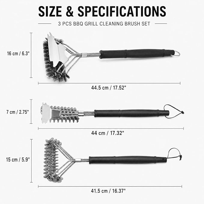 3PCS BBQ Grill Cleaning Brush for Cuisinart CGG-200 2011-2022 | 17.3" Bristle-Free Grill Brush with Scraper | 16.4" Overlapping Coil Brush | 17.5"3-Row Wire Bristle Grill Brush with Scraper