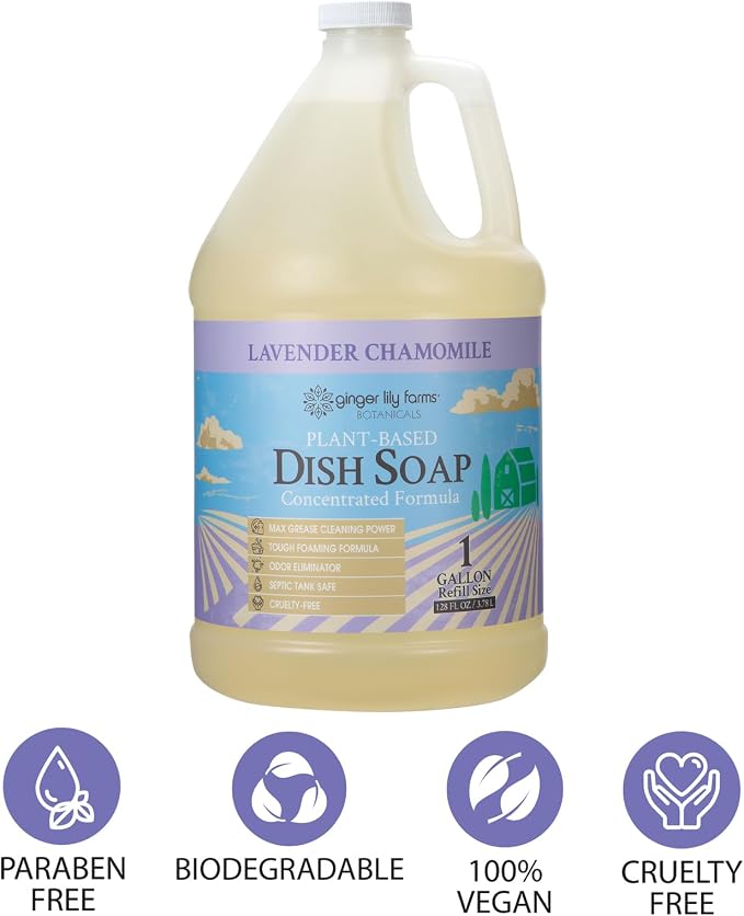 Ginger Lily Farms Botanicals Plant-Based Liquid Dish Soap, Concentrated Formula with Max Grease Cleaning Power, Cruelty-Free, Lavender Chamomile Scent, 1 Gallon (Pack of 4)