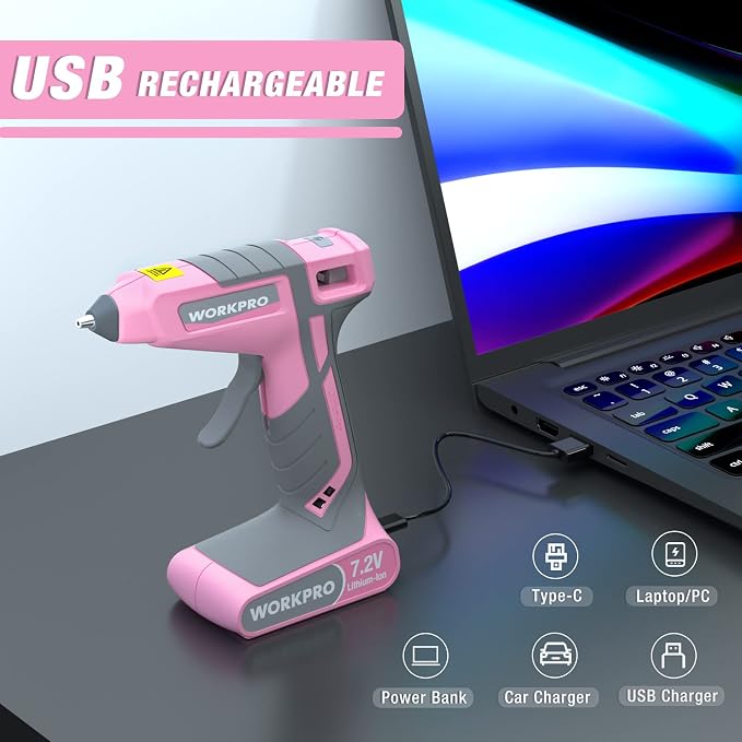 WORKPRO Pink Cordless Hot Melt Glue Gun, 7.2V Rechargeable Fast Preheating Glue Gun Kit with 20 Pc Premium Mini Glue Stick, Automatic-Power-Off Hot Glue Gun for Art, Craft, Decoration - Pink Ribbon
