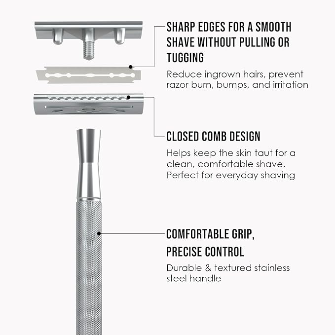 Shaving Kit Gifts for Men, Single Blade Safety Razor Kit | Includes Safety Razor, Double Edge Blades, Blade Container, Razor Stand, Shaving Brush&Bowl, Beard Comb, Travel Toiletry Bag