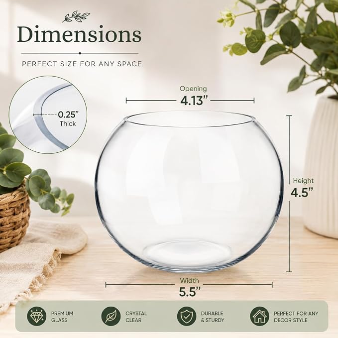 Glass Bubble Bowl, 4.5" Height x 6" Width Glass Fish Bowl Vase, Bubble Bowl vase for Terrarium, Flower vase Centerpiece