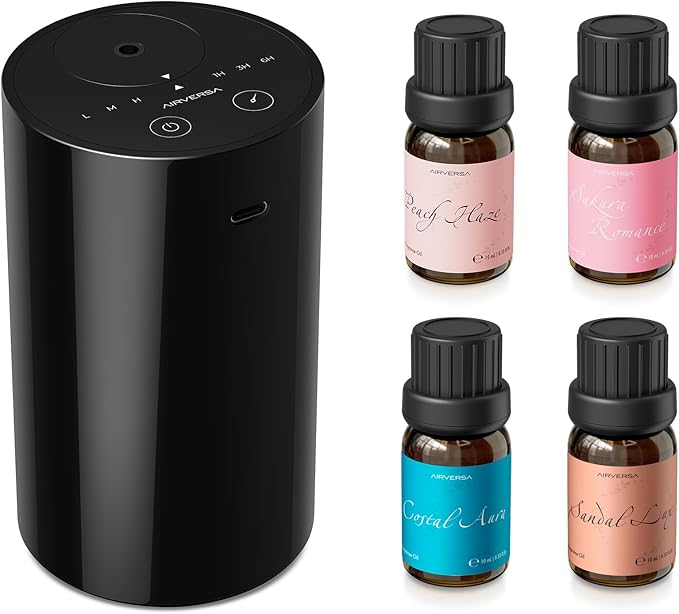 Airversa AN8 Waterless Essential Oil Diffuser Starter Kit, Black | 4 x 10mL Fragrance Oil, Up to 600 sq ft, Battery Operated, Portable for Home Car Office, AN8Kit-4x10-02