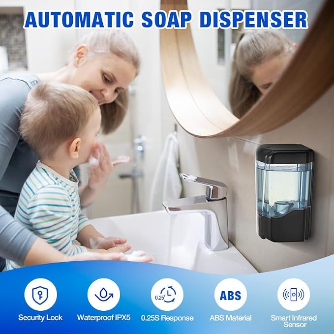 2 Pack Automatic Soap Dispenser Touchless,600 ml / 20 oz Commercial Hand Soap Dispenser,Wall Mount Hand sanitizer Dispenser for Bathroom Offices Home Kitchen Hotel（Black）