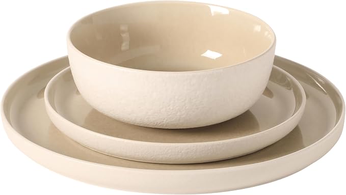 Gibson Elite Tahoe Sunset 12-Piece Reactive Stoneware Dinnerware Set – Matte Exterior & Shiny Interior Plates and Bowls, Durable Everyday Dish Set, Microwave & Dishwasher Safe - Taupe