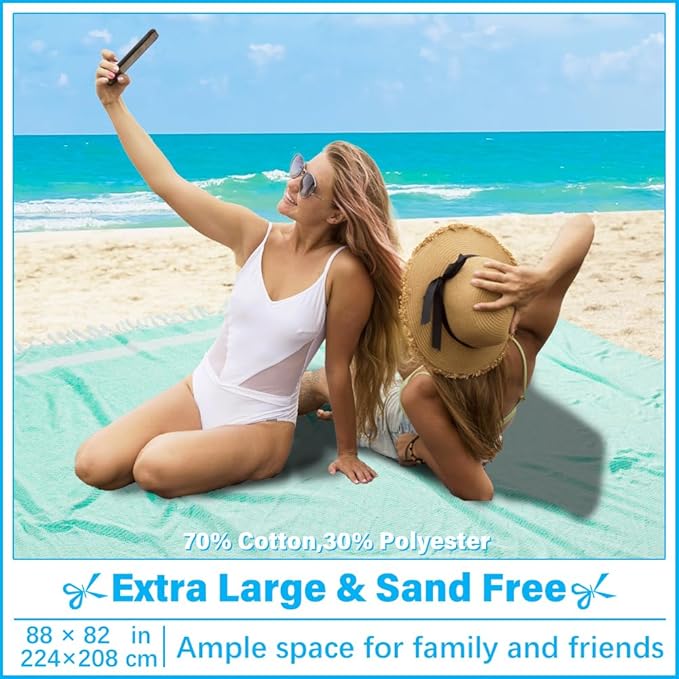 Vikumond Turkish Beach Towel Blanket Oversized 88x82 Inch Quick Dry Aqua | Lightweight Compact Portable Sand Free Absorbent Boho Woven Throw for Pool Swimming Picnic Camping Cruise Outdoor Essentials