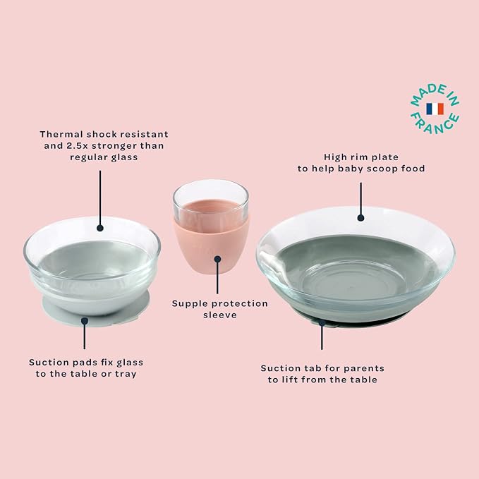 BEABA 3-Piece Glass Meal Set with Suction Pads, Toddler Plate and Baby Bowls with Suction, Non Slip Kids Dinnerware Set, 2.5x Stronger than Regular Glass, Eucalyptus