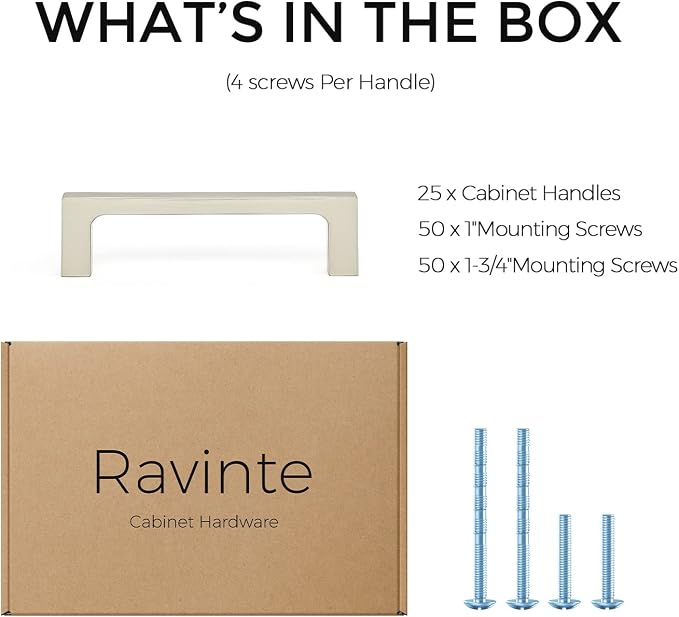Ravinte 25 Pack Solid 3-1/2 Inch Kitchen Square Cabinet Handles Brushed Nickel Pulls Drawer Pulls Cabinet Hardware Kitchen Handles