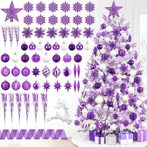 CroBlissful 118 Pcs Christmas Tree Ornaments Set Including Ornaments Balls, Hanging Snowflakes Icicle, Mesh Ribbon, Tree Top Star, Flower, Berries Stems for Xmas Trees Holiday Decor(Purple)
