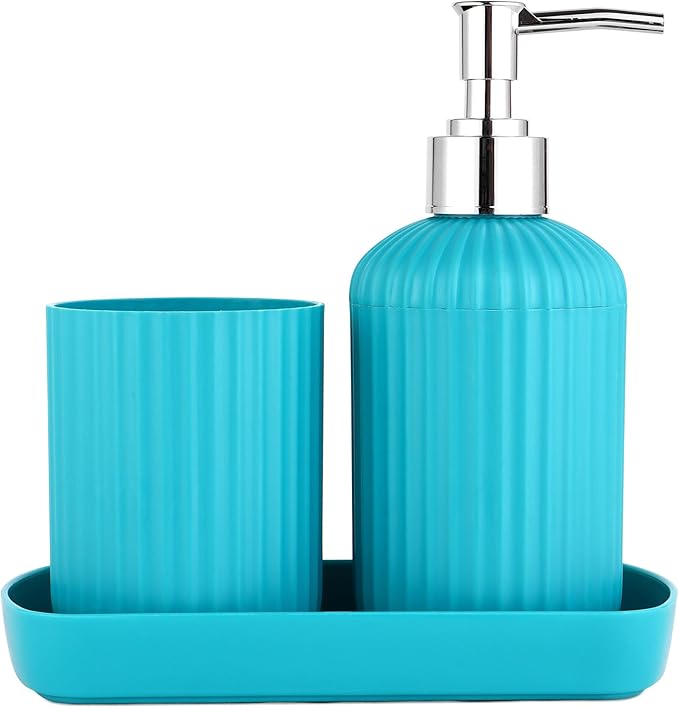 Bathroom Accessories Set, Toothbrush Holder, Liquid Soap Dispenser & Tray, Unbreakable Plastic Organizer for Sink & Bathroom Essentials, Handwash, Sanitizer, Shampoo, Lotion (Blue,Pack of 3)