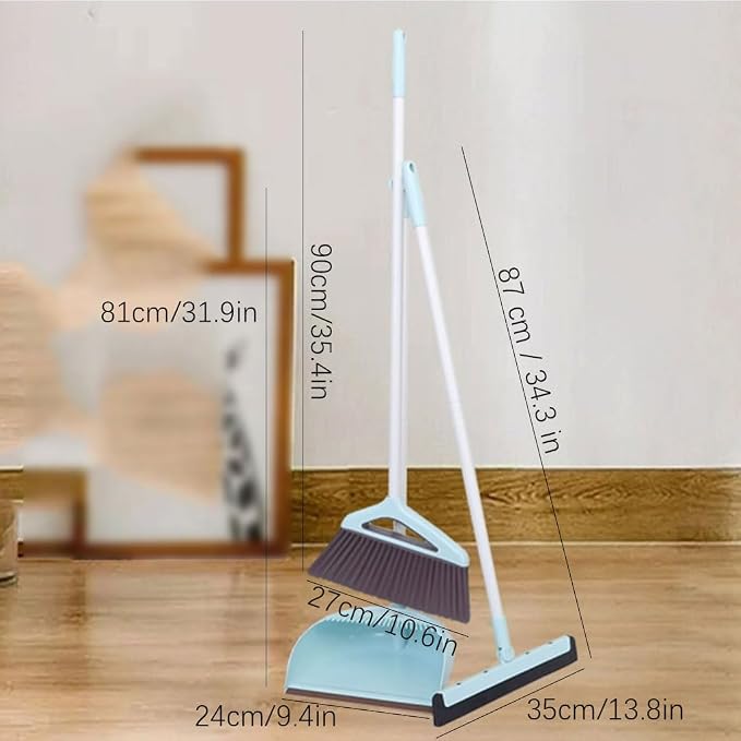 Modern Standing Dustpan and Broom Set for Home Self-Cleaning with Dustpan Teeth and Broom Long Handled Convenient, B Blue 3 Pcs